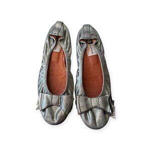 Lanvin Classic Ballerina Flats with Oversized Bows. Pewter‎ leather.